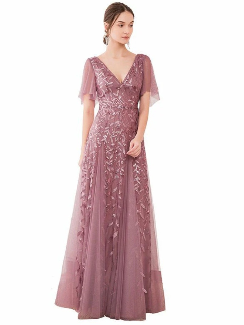 Chicely 3D FLORAL LACE APPLIQUE V-NECK EVENING DRESS